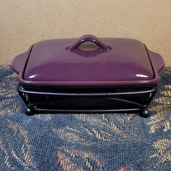 Tastefully Simple Dip Crock Bowl/ Lid Metal Stand Eggplant Serving Dish - Picture 1 of 7